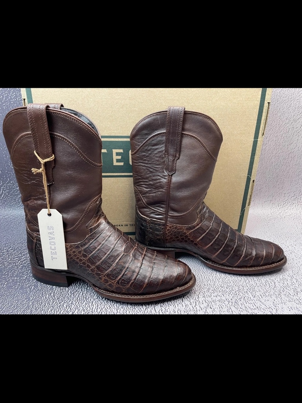 Tecovas The Cole Dark Brown Mahogany Caiman Cowboy Boots